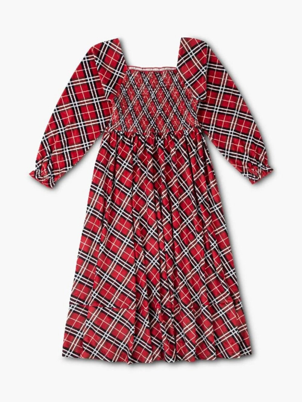 Women's Red Plaid Smocked Long-Sleeve Midi Dress Christmas / Holiday Print